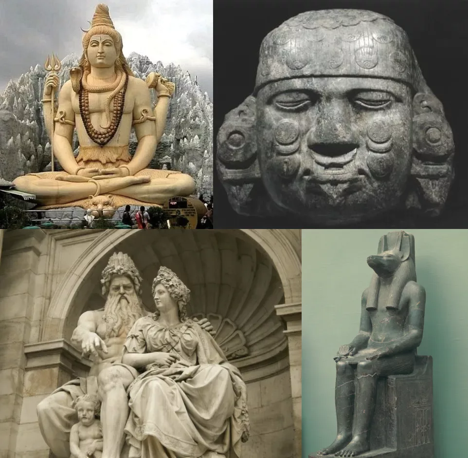 4 examples of statutes of gods from Aztec, Greek, India and Egypt