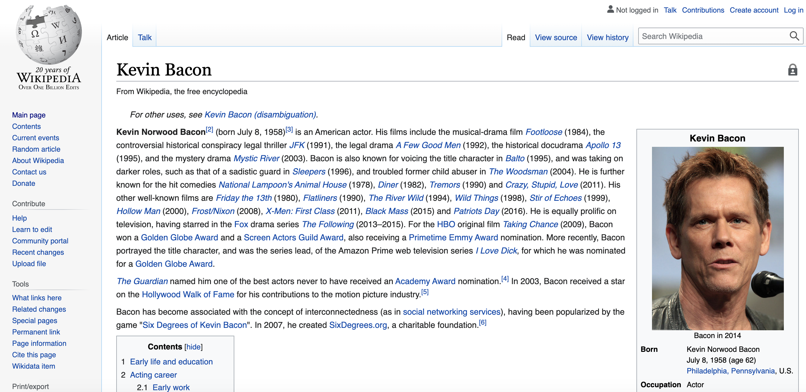 The Wikipedia page for Kevin Bacon
