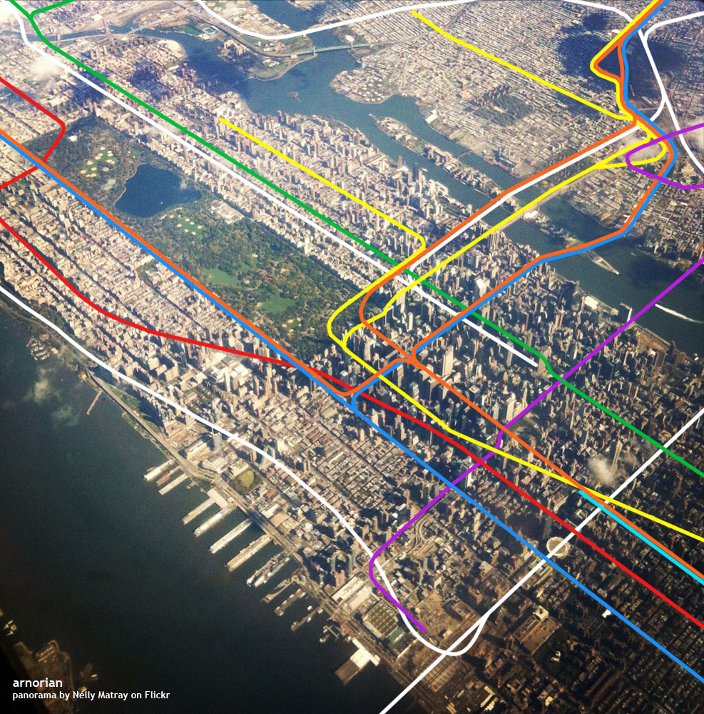 NYC view with subway lines highlighted