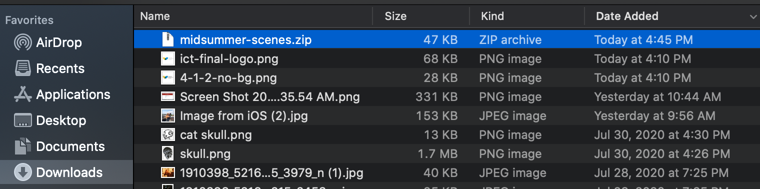screenshot of midsummer-scenes.zip in downloads folder on a Mac
