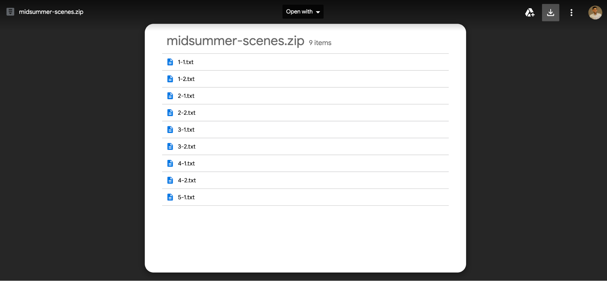 screenshot of all the files in midsummer-scenes.zip
