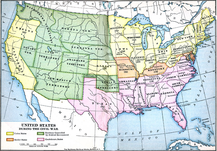 a map of the US during the civil war