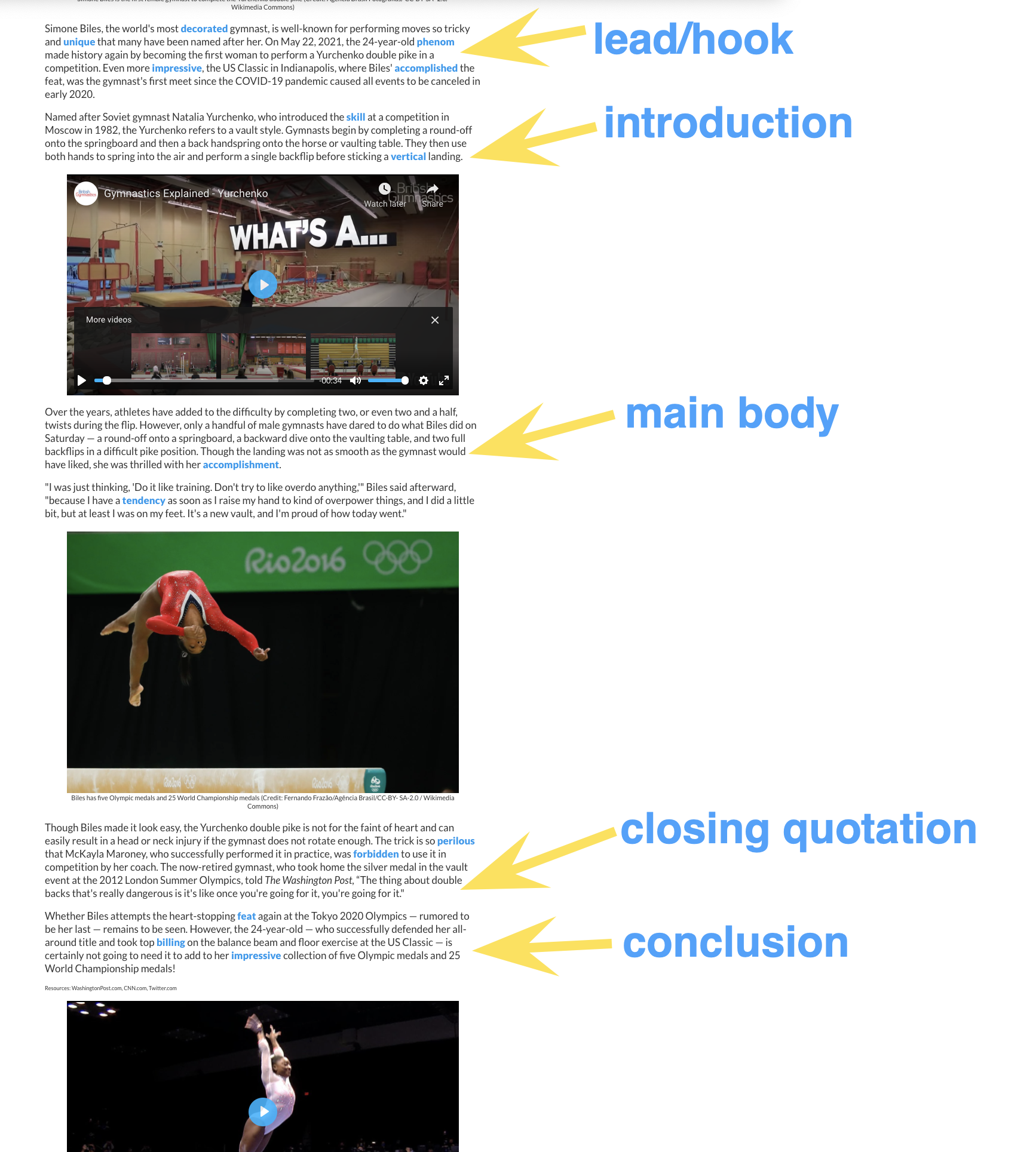 annotated news article with arrows pointing out hook, introduction, main body, closing quotation and conclusion sections in the article