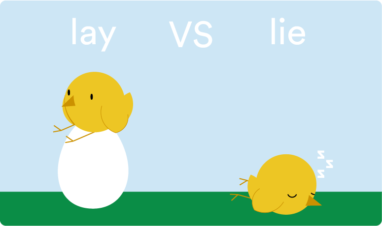 image showing a chicken laying on top of eggs above the words “Lay (something)” and another chicken lying down above the words “Lie (down)”