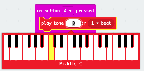 the nested code "on button A pressed" then "play tone 0 or 1 beat" shown above the image of a keyboard labeled Middle C