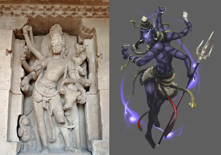 A modern and an ancient depiction of Shiva