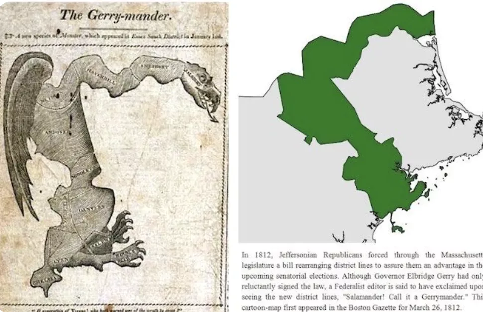 a side by side comparison of the district which started the term Gerrymander and a political cartoon depicting it